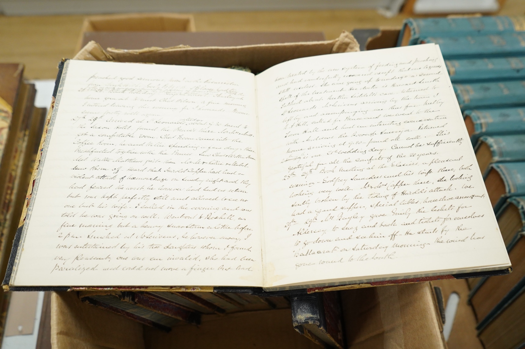 Lewis, William Bourne (civil engineer, 1831-1902). Manuscript Diaries, 9 various volumes (1873-1902, relating to time in England); some 2,200pp. in a closely written but clear hand; mostly half leather and marbled boards
